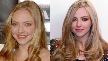 A picture of Amanda Seyfried before (left) and after (right).